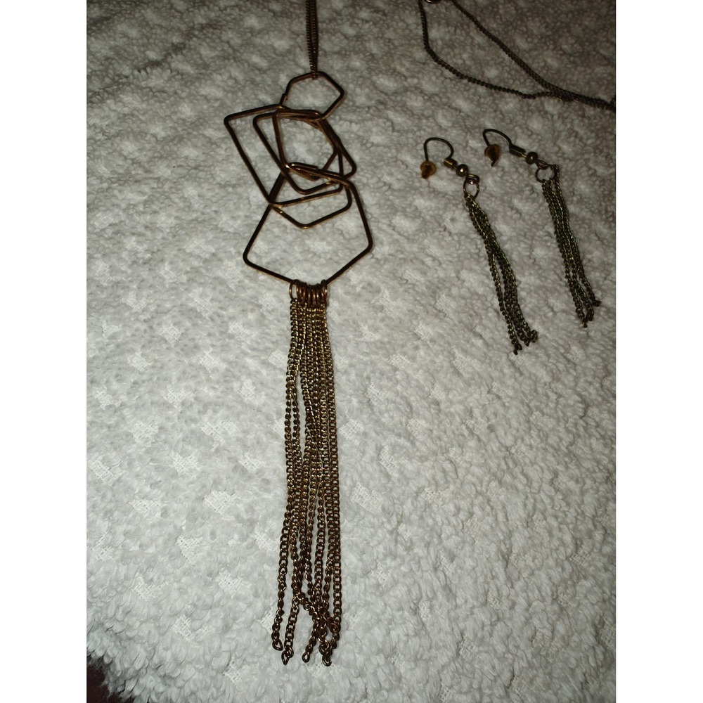 Jewelry Set Burnished Gold Geometric Hexagon Tassel Pendant Necklace & Earrings